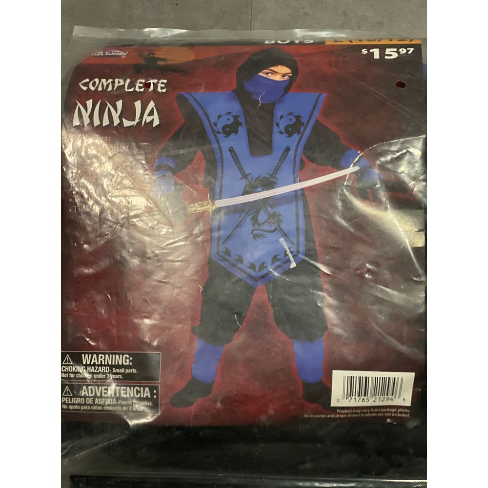 Complete Ninja Costume Blue Hooded Shirt Pants Mask Halloween H-730 size 10/12